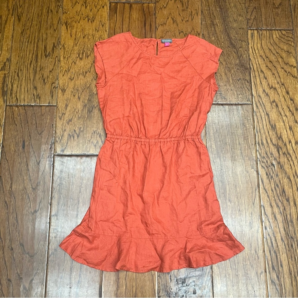 Vince Camuto women orange linen-blend, ruffled hem and stretchy waist mini dress